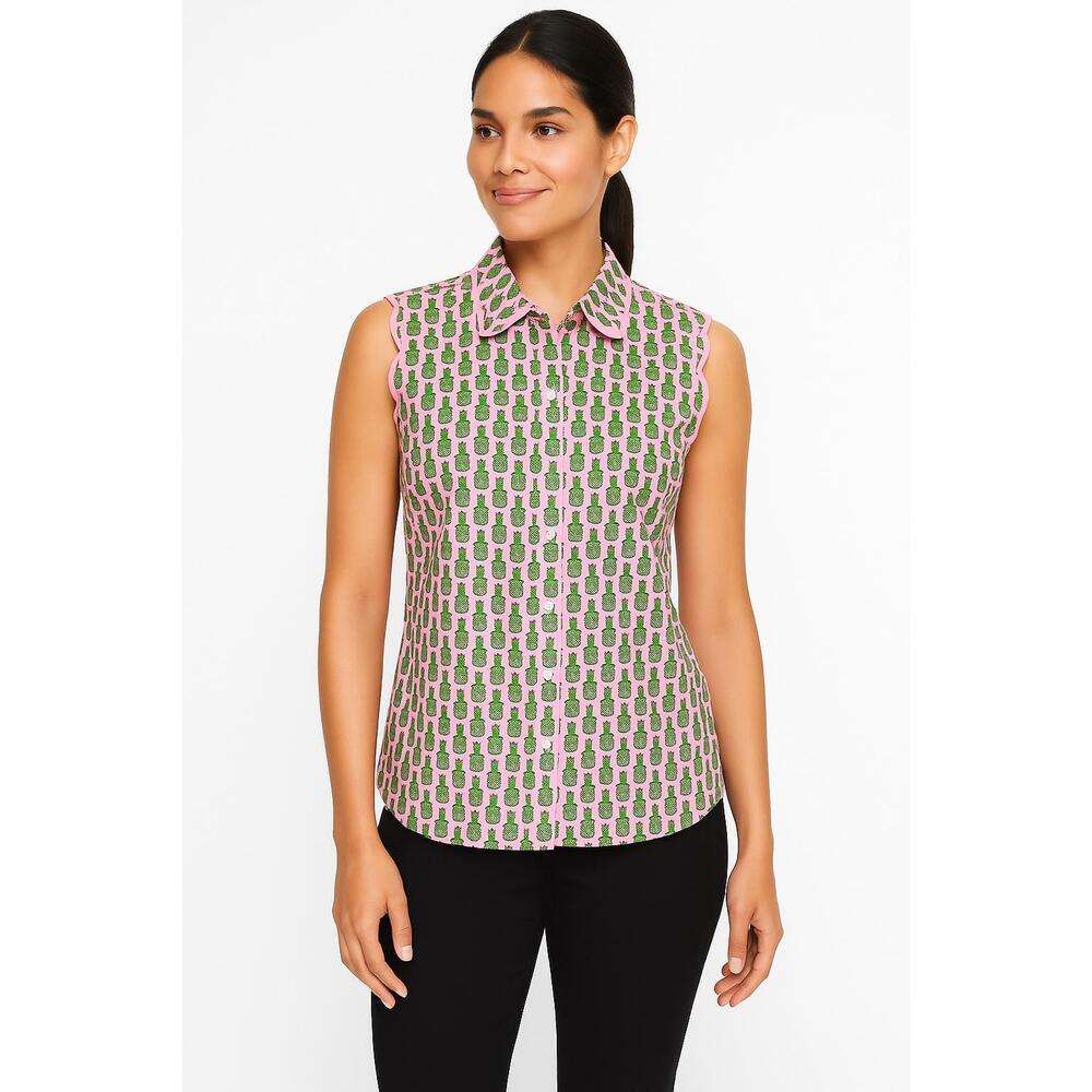 Talbots Sleeveless Blouse Pineapple Pattern Butto… - image 1